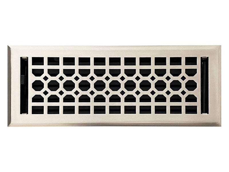 Empire Register Co، أغطية فتحات تهوية مزخرفة - 4 × 12 بوصة، تصميم على شكل قرص العسل، لمسة نهائية من النيكل المصقول، سجل أرضيات عالي التحمل قابل للمشي، مخمد معدني مرفق - Image 1